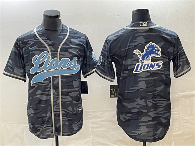 Men's Detroit Lions Gray Camo Team Big Logo Cool Base Stitched Baseball Jersey